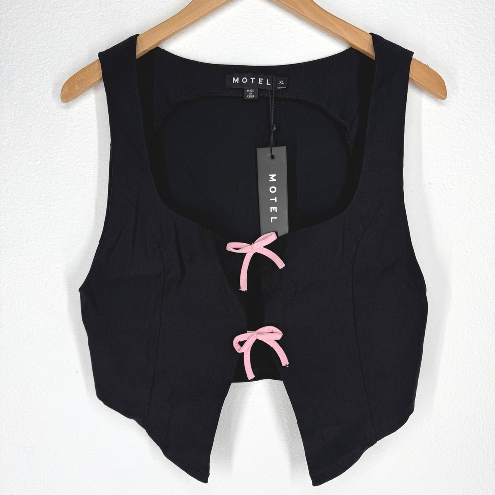 Women Pink Bow Cropped Waistcoat Vest XL NEW Whimsigoth Coquette Indie Soft Goth